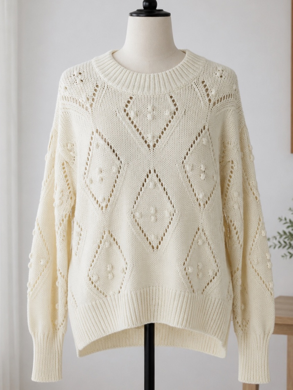LOFT Women’s Medium Cream Pointelle Bobble Knit Sweater NWT Long Sleeve